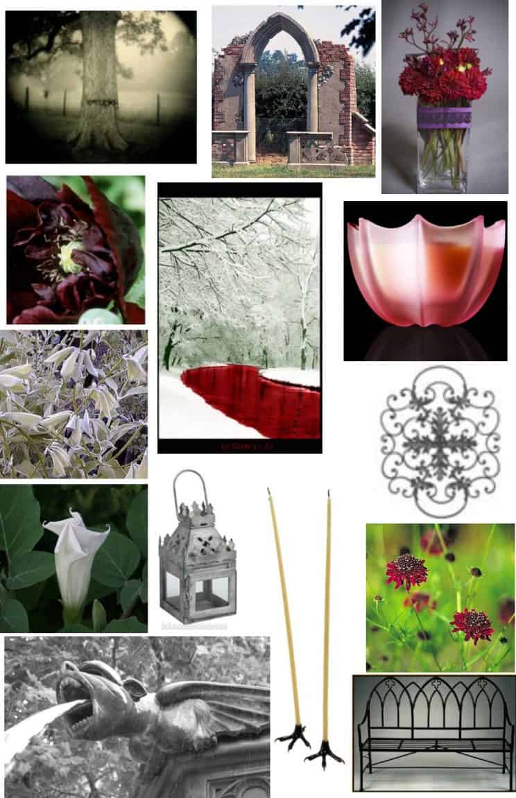 A collage of artistic and nature-themed images forms an inspiration board: a serene tree, archway ruins, red flowers in a vase, close-up of a flower, snow-covered landscape, a pink bowl, a delicate flower pattern, white flowers, a stone sculpture, candles, and even hints of a whimsical wedding garden.