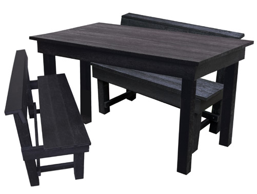 A black table with two benches and two chairs.