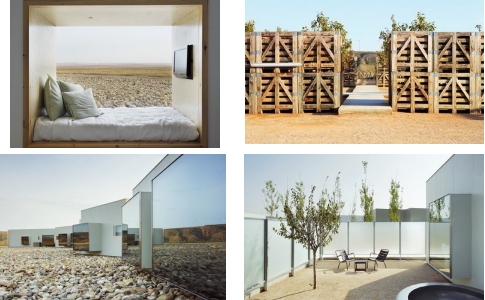 Four different pictures of a house in the desert.