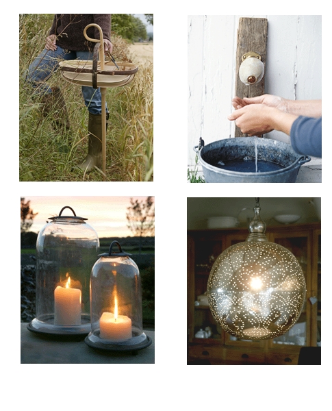 A collection of pictures of candles, lanterns, and a watering can.