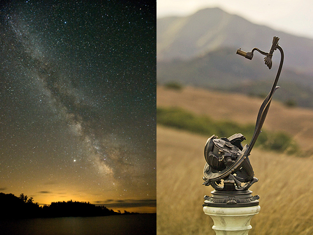 Two pictures of a compass and a milky way.