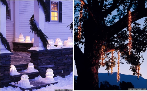 Two pictures of christmas lights on a tree in front of a house.