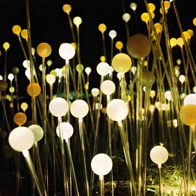 A group of yellow and white balls in the grass at night.