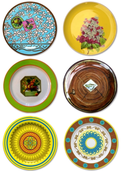 A group of plates with different designs on them.