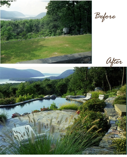 A before and after photo of a garden with a pool.