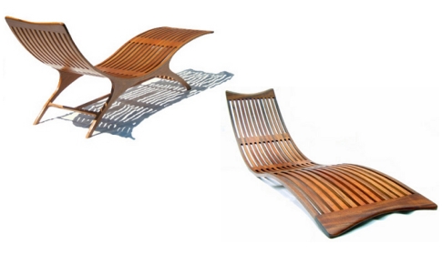 A wooden lounge chair with a slatted back.