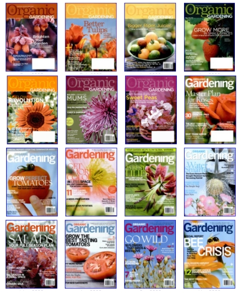 A collection of gardening magazines on a white background.