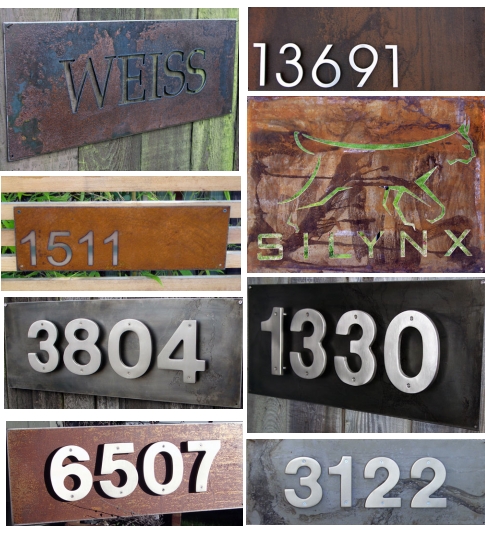 A collection of different house signs with different numbers.
