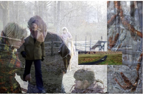 A collage of photos of people walking in the woods.