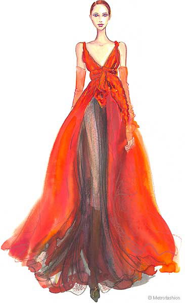 A drawing of a woman in an orange gown.