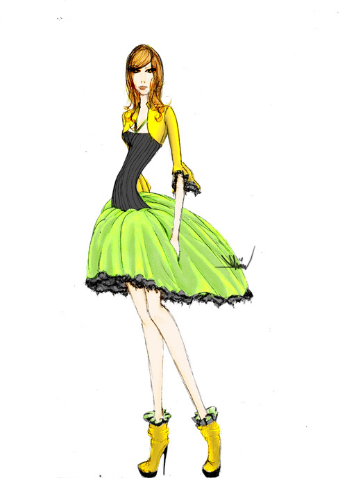 A drawing of a woman in a yellow and green dress.