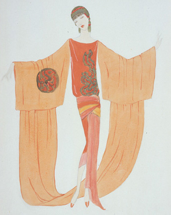 A drawing of a woman in an orange dress.