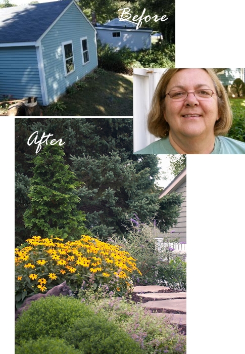 Before and after pictures of a woman's yard.