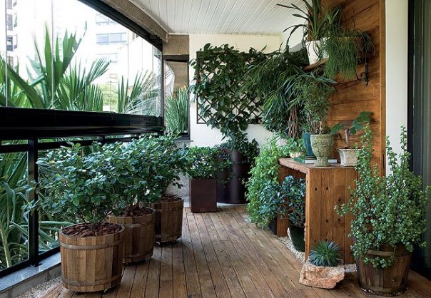 Wood creates a rustic feeling on an urban balcony garden