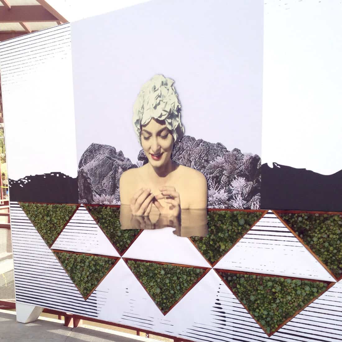 A woman with a leafy headdress and closed eyes is depicted holding a small object against a black and white mountain backdrop, reminiscent of Edina Todoki's garden art. Below are geometric patterns with green plants inside triangle shapes, echoing elements of a vertical garden.