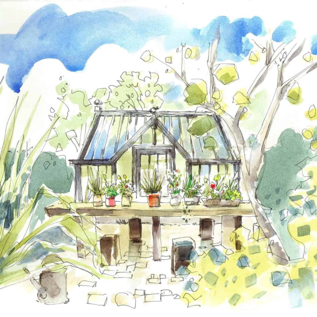 Illustration of a small Marston & Langinger greenhouse with a variety of potted plants on a raised platform, surrounded by lush greenery and trees, set against a partly cloudy blue sky. The scene conveys a peaceful outdoor garden environment.