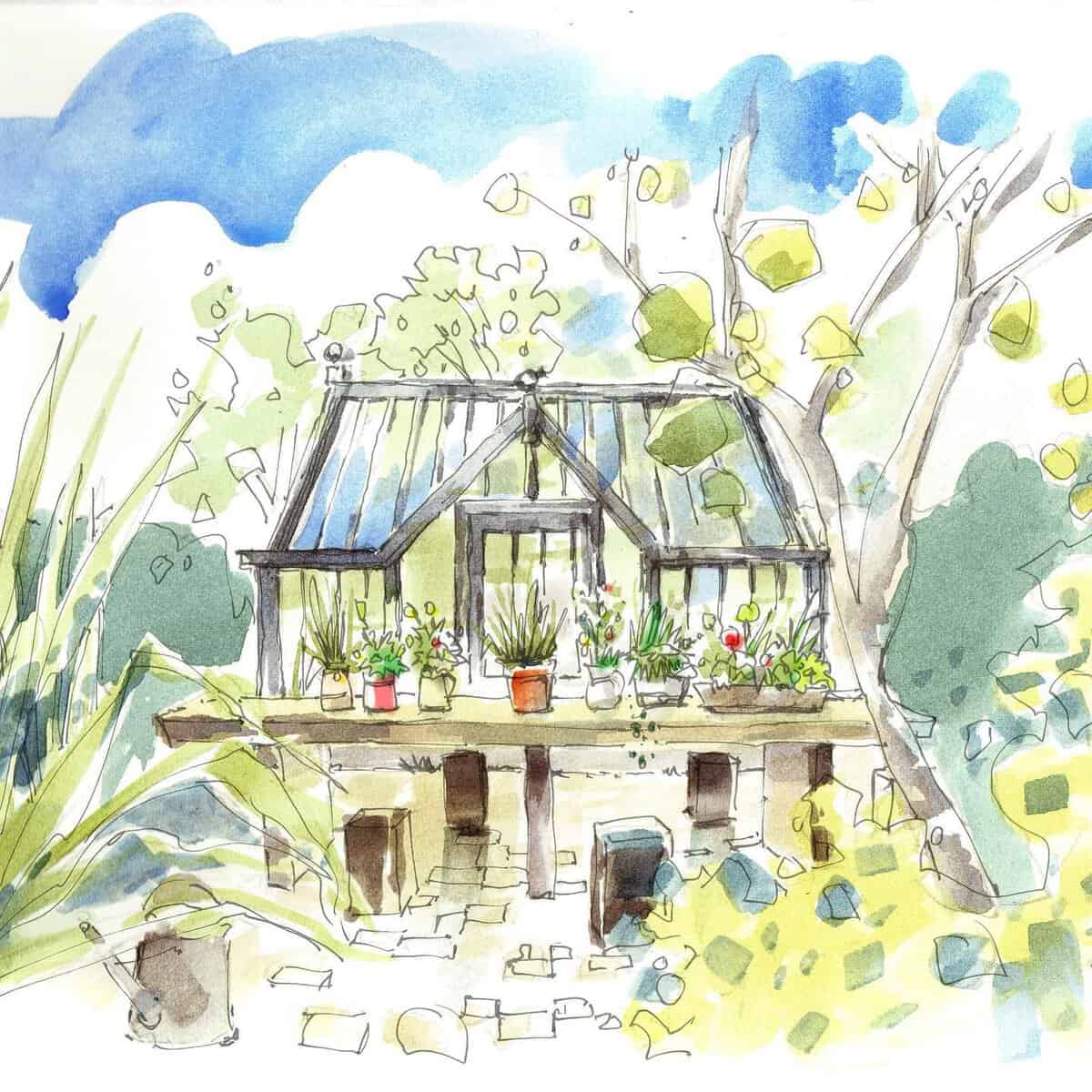 A whimsical watercolor illustration depicts a small Marston & Langinger greenhouse with a glass roof and vibrant flowers in pots lined on the table in front. Surrounded by lush greenery and tall trees, the scene evokes a serene and peaceful garden environment under a bright blue sky.