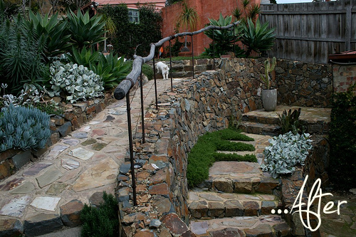 Before and After garden makeover stone wall steps