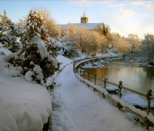 River Allan Dunblane Cathedral. beautiful snow