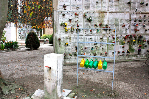 watering spigot in italian garden cemetery 