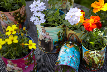 painted cans from re for a window vegetable container garden