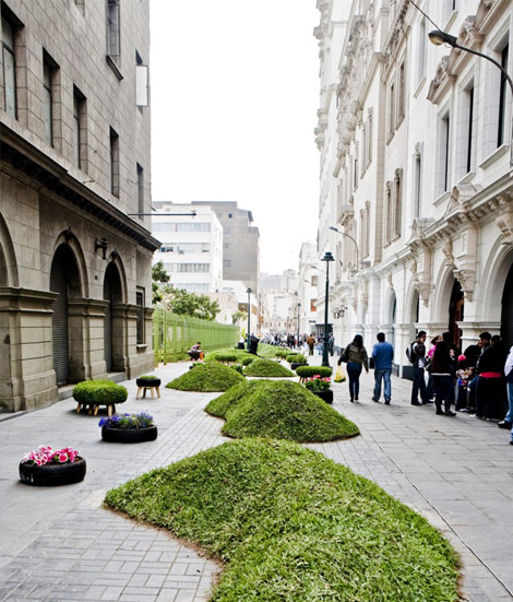 green grass berms in urban landscape Historic Center of Lima peru