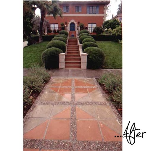 before and after garden front walkway of villa