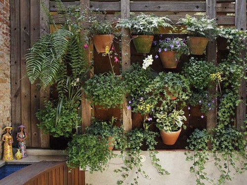 rustic vertical garden terracotta pots