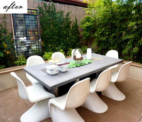 before and after courtyard garden makeover with bamboo screenand modern table and pantone chairs