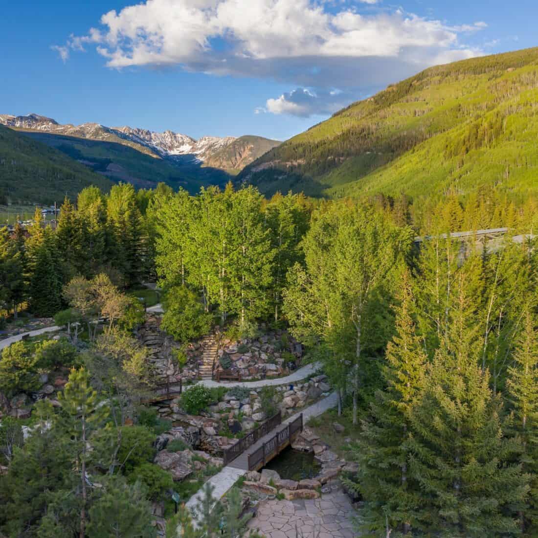 A serene mountain landscape in Vail showcases lush green forests, a rocky stream, and a small wooden bridge. Snow-capped peaks rise majestically in the background under a partly cloudy blue sky, reminiscent of the peaceful beauty found at Colorado's Betty Ford Alpine Gardens.