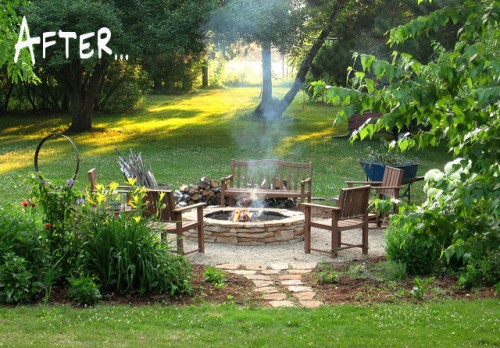 before and after garden makeover firepit from erin