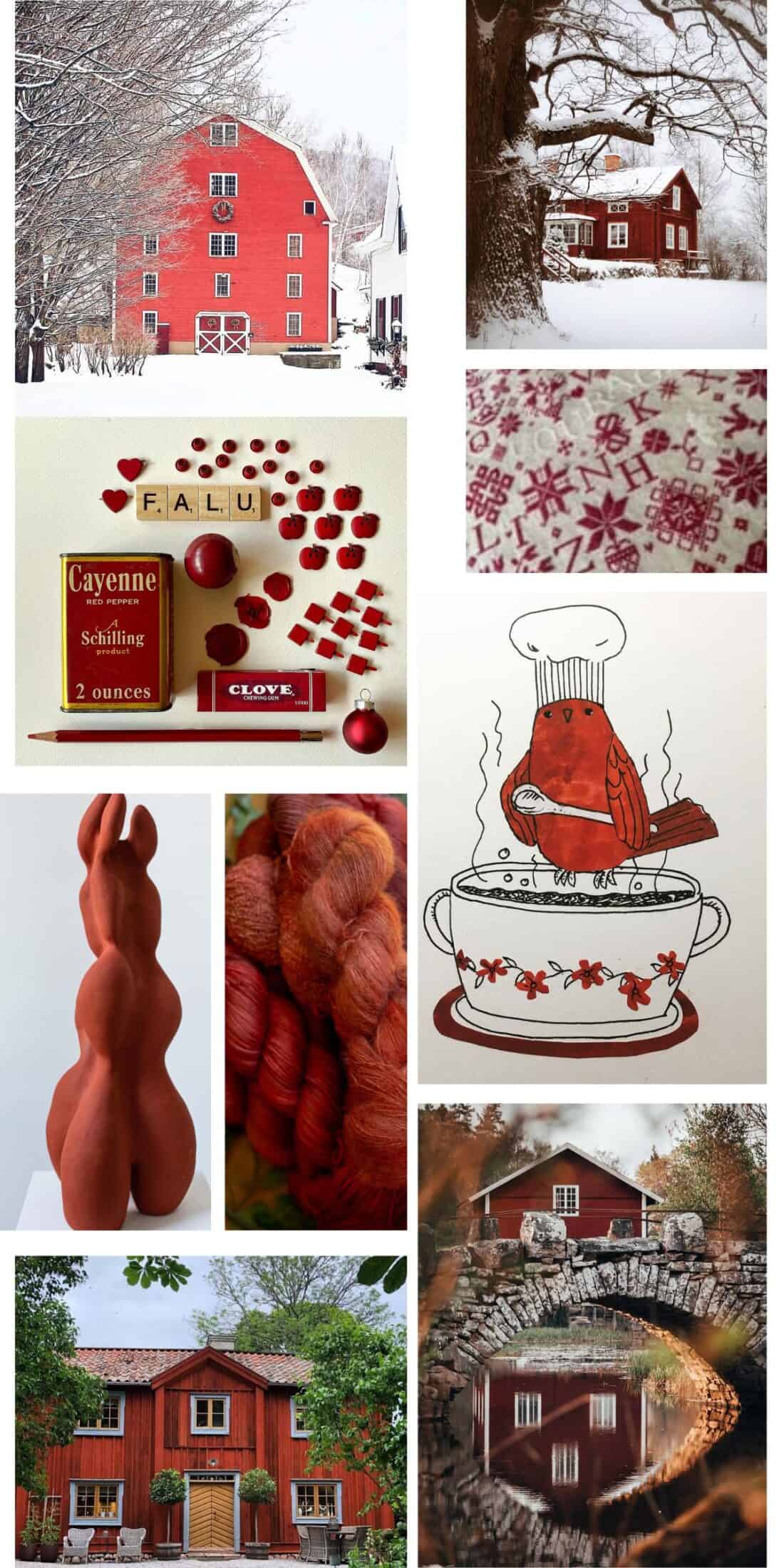 Collage of red-themed images: red barn in snow, rustic house, spices, red candy, tapestry, sculpture, yarn, a cardinal on soup, and a house by a pond with a stone bridge surrounded by autumn foliage.