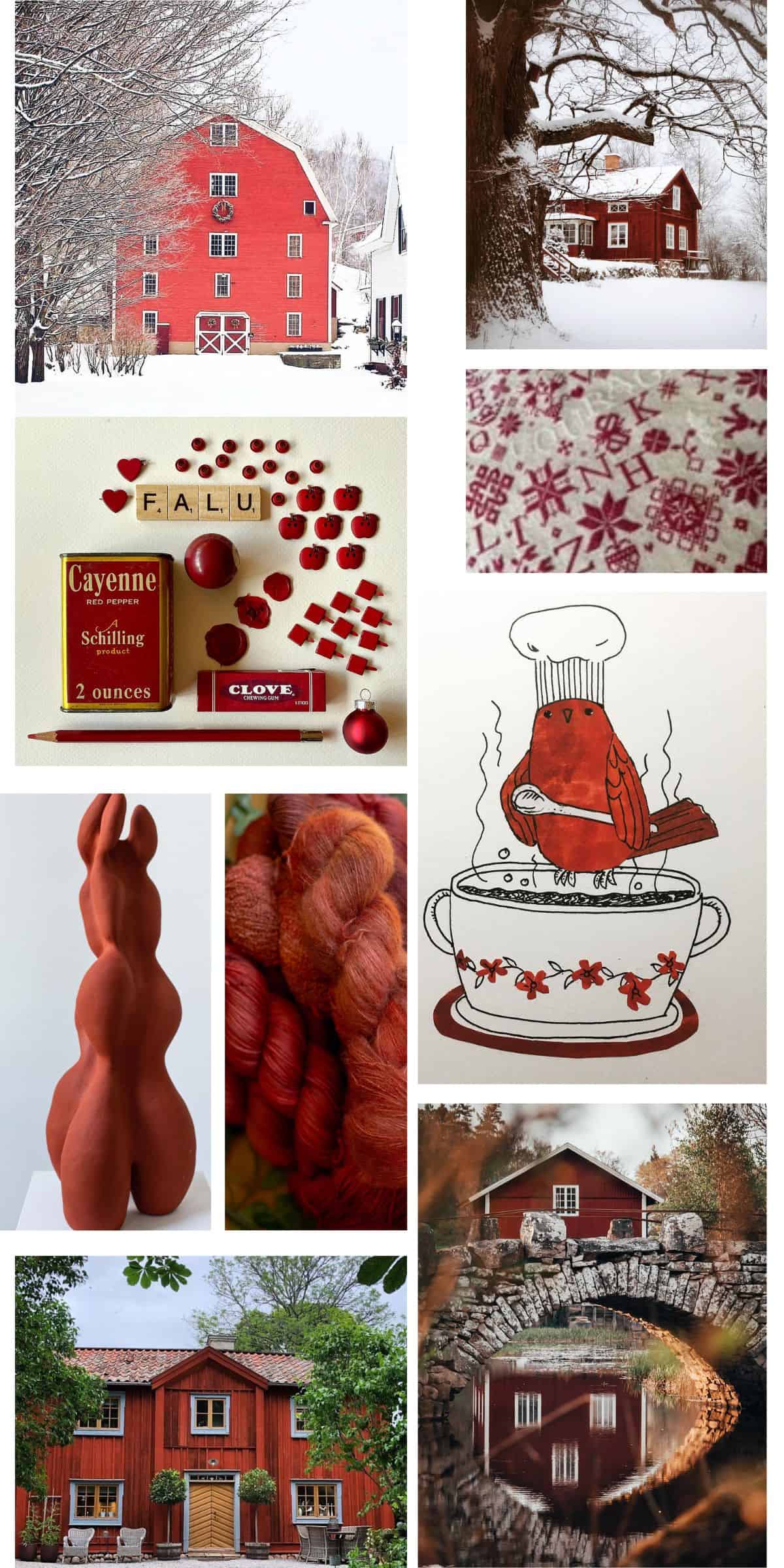 Collage of red-themed images: red barn in snow, rustic house, spices, red candy, tapestry, sculpture, yarn, a cardinal on soup, and a house by a pond with a stone bridge surrounded by autumn foliage.