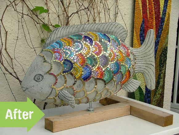 before and after garden art mosaic fish