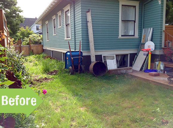 side yard, before and after, blue house, transformation, improvement