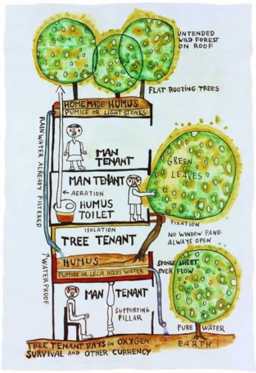 Hand-drawn diagram inspired by Friedensreich Hundertwasser's eco-friendly housing concept. Features two human figures labeled "Man Tenant" below trees labeled "Tree Tenant." Includes details like "Humus Toilet" and "Green Leaves," with arrows indicating water and air flow.