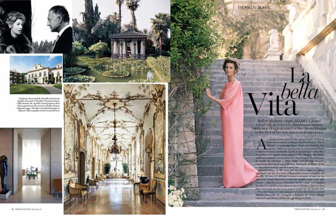 A collage showcases a woman in a pink gown by a stone wall, elegant interiors with intricate ceilings and statues, Marella Agnelli's lush Marrakech Garden pavilion, and a black-and-white photo of two people in conversation. Text reads "La Bella Vita" and "Design Icon.