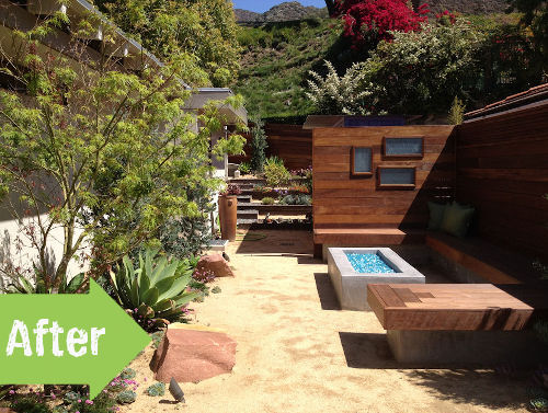 side yard, los angeles, california, after, makeover, glass rocks, wood, fence, bench, hangout, 