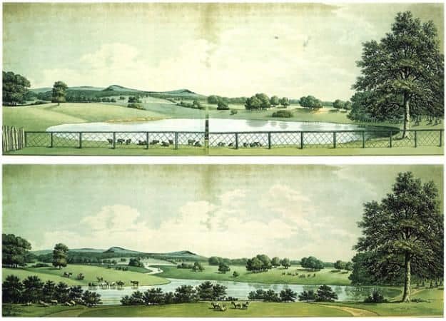 Two panoramic landscape illustrations reflect the artistry of Humphry Repton, depicting a park with rolling hills and a large lake. The top reveals the lake with waterfowl and trees, while the bottom showcases grassy expanses with grazing deer and a river winding through this meticulously designed landscape garden.