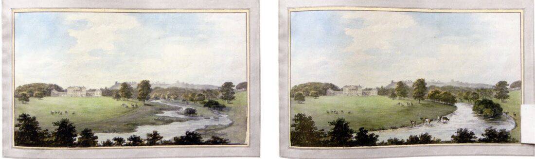 Two watercolor paintings depict pastoral scenes with a large, stately mansion in the distance. A winding river weaves through lush fields, reminiscent of the elegant landscapes crafted by Humphry Repton. Scattered trees and small groups of people enhance the serene atmosphere beneath a partly cloudy sky.