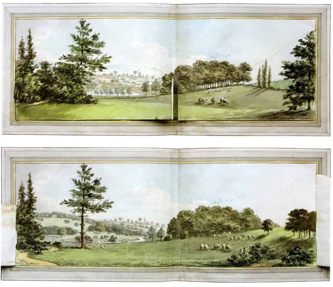 Two adjacent illustrations of rural landscapes, reminiscent of Humphry Repton's designing the landscape garden style. Each scene features green fields, sheep grazing, and clusters of trees. The top image shows a distant village, while the bottom image depicts a winding river, both bordered with decorative frames.