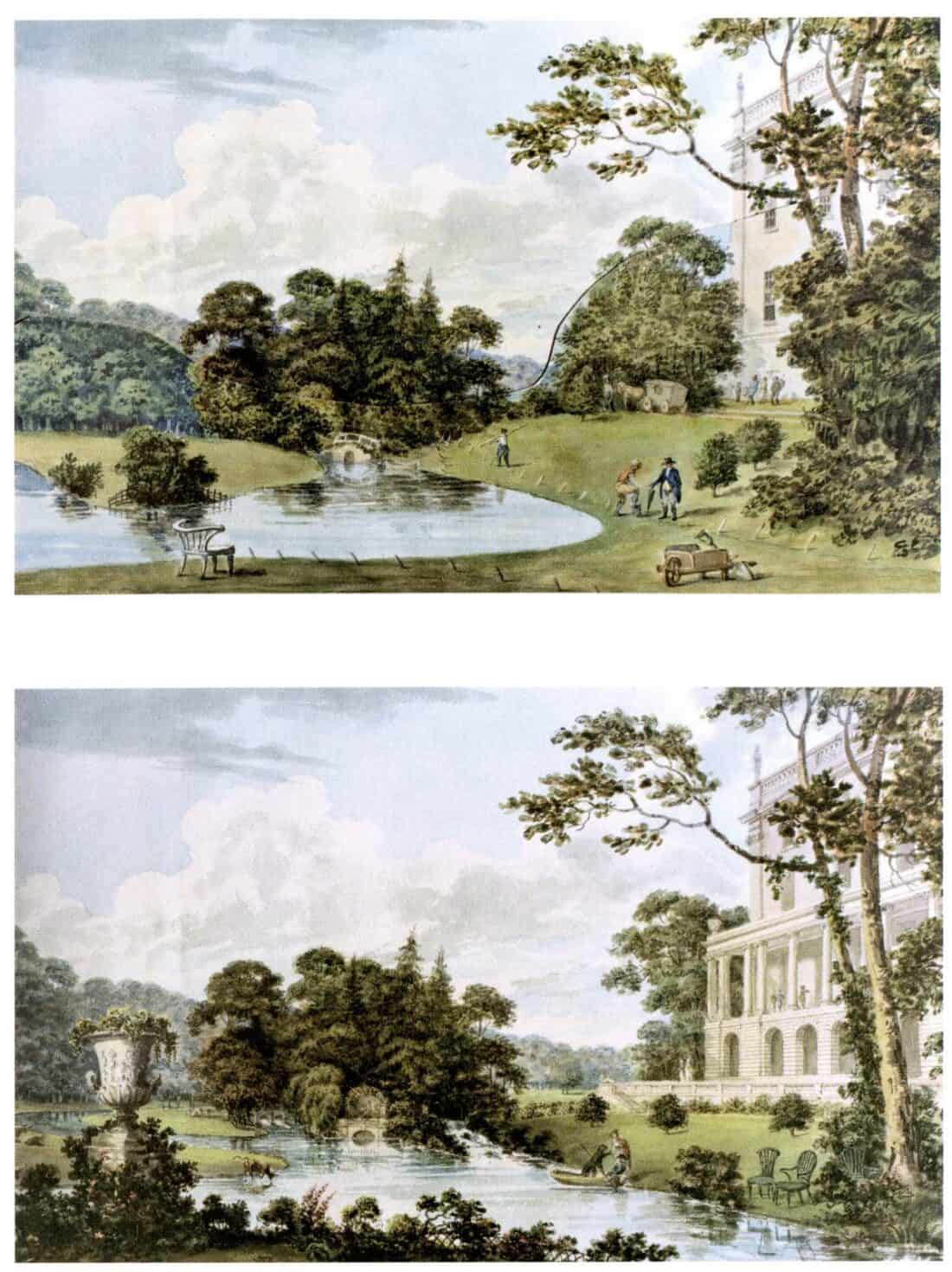 Two vintage paintings depict a lush garden with a large building. The top image shows people near a pond and trees, while the bottom captures figures enjoying the landscape—a scene reminiscent of Humphry Repton designing the landscape garden—near a water body and grand structure.