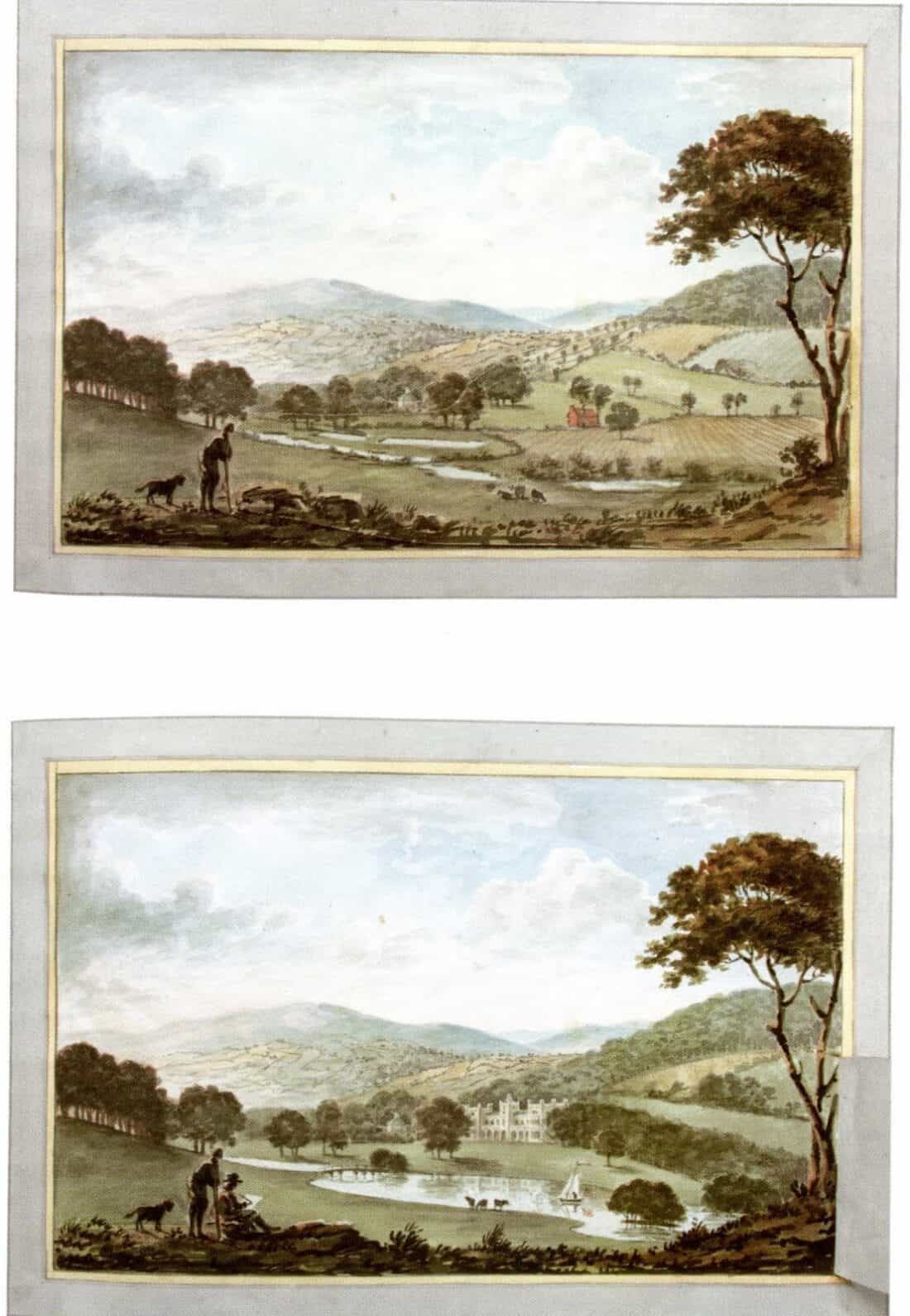 Two landscape paintings by Humphry Repton depict rolling hills, trees, and a river. The top image shows a person with dogs on a hill overlooking fields. The bottom image features a person with dogs near a river, with his signature design touch visible in the distant castle and sailboats on the water.