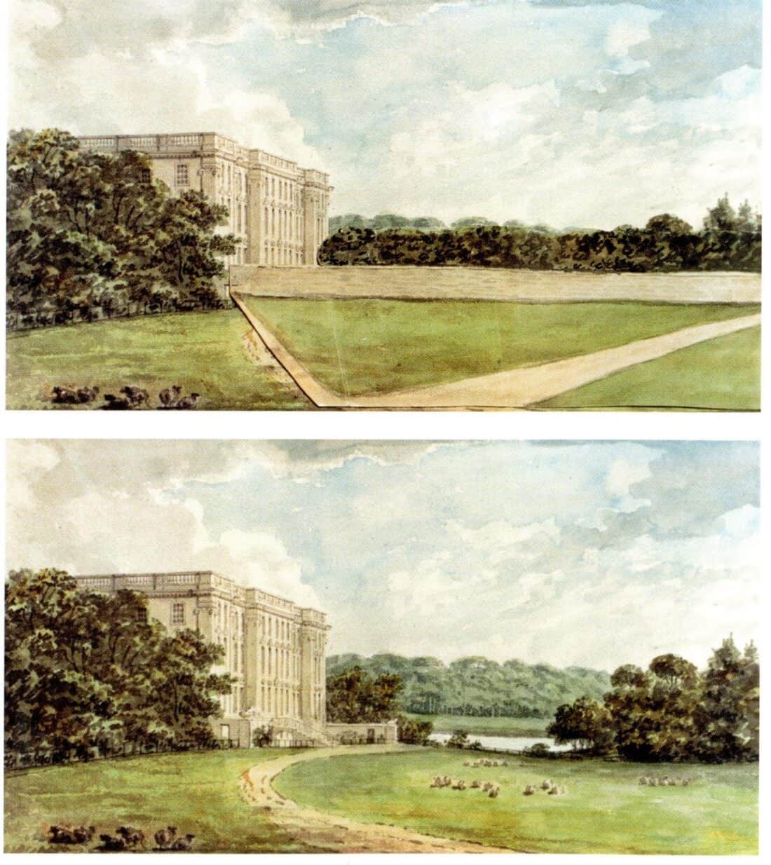 Two watercolor paintings depict the same grand building embraced by greenery. In a nod to Humphry Repton's landscape garden designs, the top image shows a paved path and fewer trees, while the bottom reveals a curved dirt path, more trees, and people scattered leisurely on the grass.