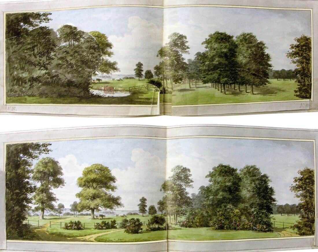 A scenic landscape painting reminiscent of Humphry Repton's designing style features lush green fields and various trees under a partly cloudy sky. Two images reveal pathways winding through the greenery, with some buildings visible in the distance, echoing Repton's visionary garden designs.