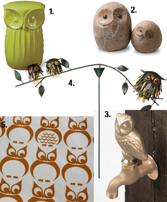 owl inspired garden accessories and fabric from www.pithandvigor.com