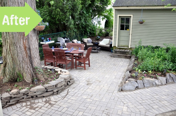 before, after, patio, backyard, entertain, pavers