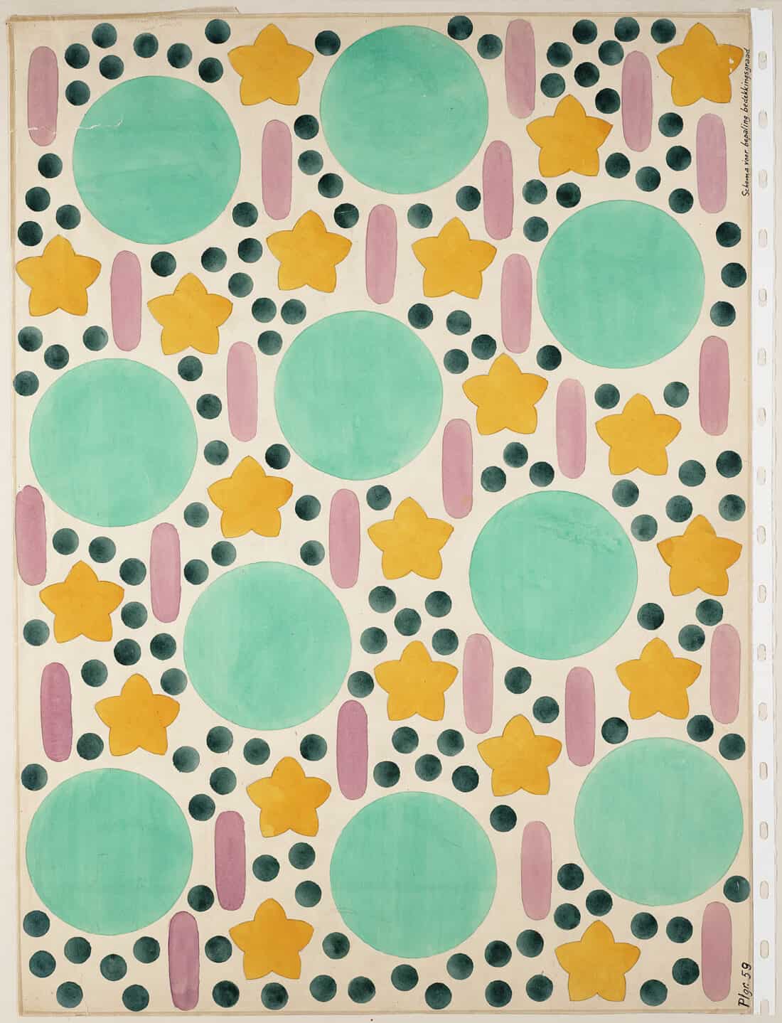 A vibrant pattern features large mint-green circles, yellow stars, dark green dots, and pink elongated ovals evenly distributed across a white background. The design has a playful and abstract quality reminiscent of an old planting plan, creating a visually engaging and dynamic composition.