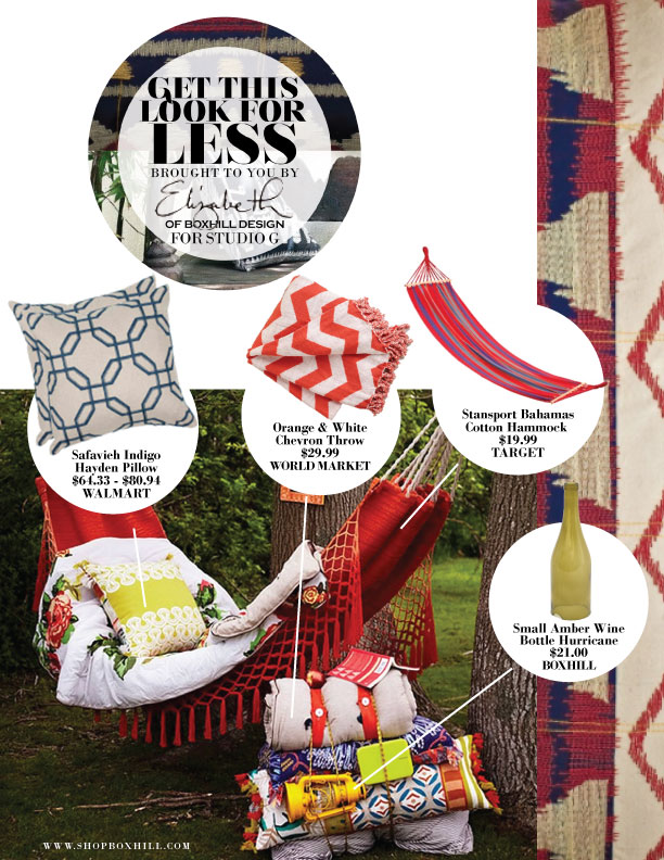 A magazine ad featuring a hammock, pillows, and other items.