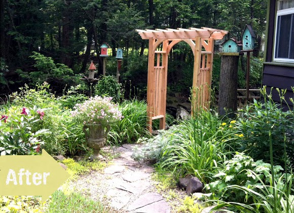makeover, before & after, arbor, garden, DIY, build, path